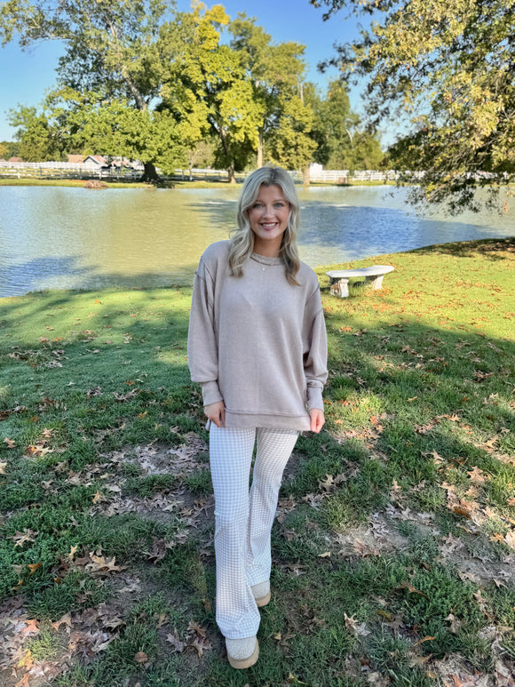 BEIGE GINGHAM FLARE PANTS