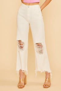 DISTRESSED WHITE DENIM WIDE STRAIGHT JEAN